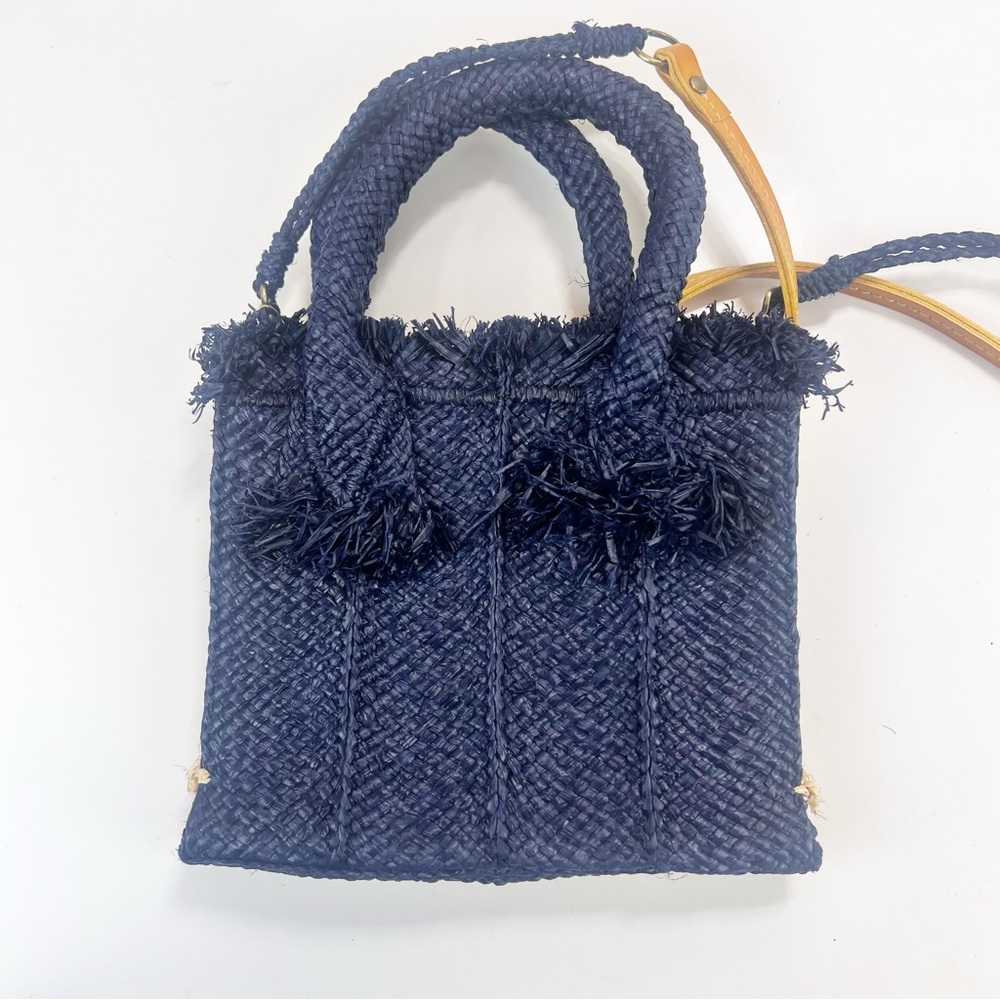 Sans Arcidet Paris Raffia Top Handle Bag Small Tote Solid Navy NWOT - Picture 4 of 7